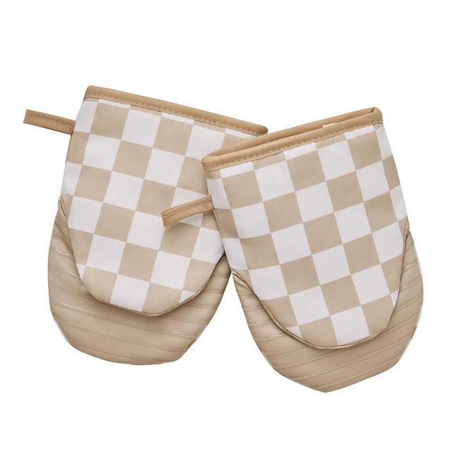 Ohocut Beige Checkered Mini Oven Mitts Heat Resistant, Vintage Retro Checkerboard Mini Silicone Oven Mitts Cute, Non-Slip Small Short Kitchen Oven Gloves Set of 2