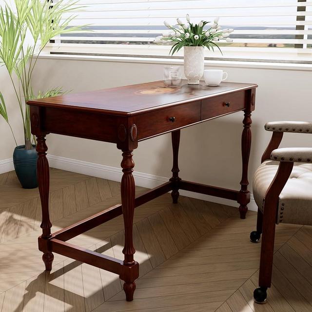 VERDANTREE Large Computer Desk Office Table with 2 Drawers, 46" Solid Wood Study Writing Desk Workstation with Storage Space, Mid-Century Vanity Dressing Table for Home Office,Cherry Walnut BSZ1533WD