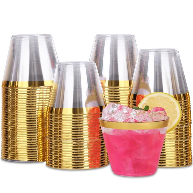 Tobvory 100 Pack Gold Rimmed Plastic Cups - 9 oz Hard Clear Disposable Cups For Cocktail And Drinking - Food Grade Party Set - Sturdy Tumbler - Gold Rim