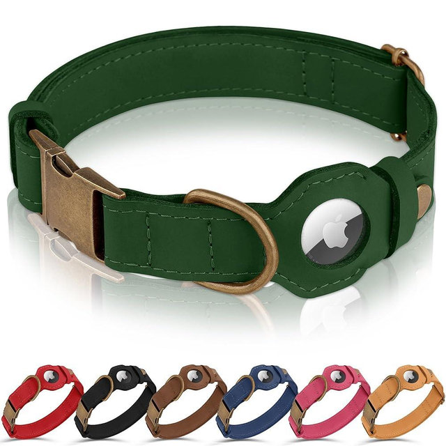 BUDKAS AirTag Dog Collar - Genuine Leather Dog Collar with Apple AirTag Holder and Metal Buckle - Smart GPS Tracking Pet Collars for Small Medium Large Dogs Puppy (Dark Green, S, 12"-15" Neck Fit)