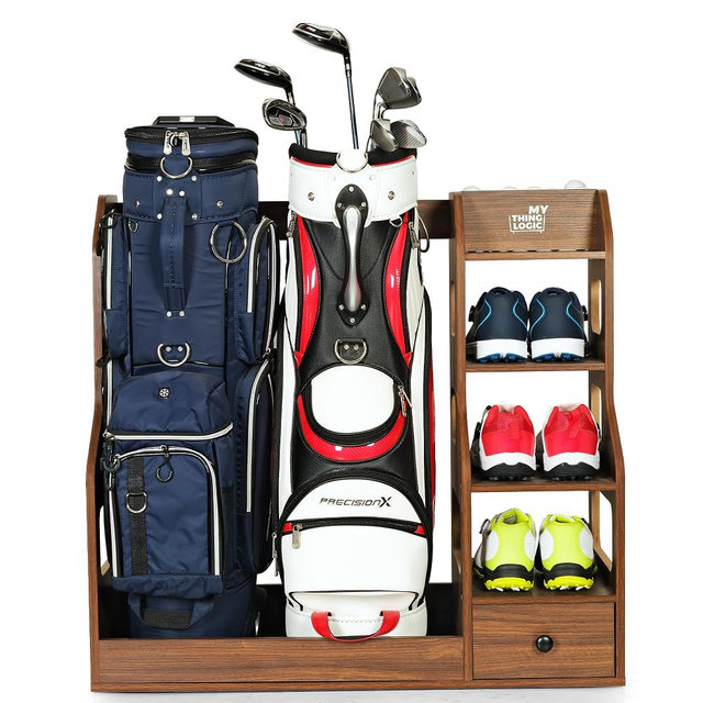 Mythinglogic Wooden Golf Bag Storage Rack, Golf Organizer with Shoe Shelves, Ball Holder & Drawer, MDF Golf Equipment Storage Cabinet for Home, Garage or Simulator Room