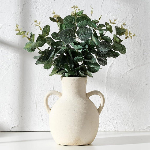SIDUCAL Rustic Ceramic Farmhouse Flower Vase with 2 Handles, Terracotta Vase, Decorative Pottery Flower Vase for Home Decor, Table, Wedding, Living Room, Shelf Decor, 7.3 Inch, White