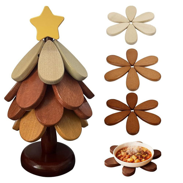 Wooden Trivets for Hot Dishes, Tree Shape Trivet Set, 4 Natural Solid Wood + 1 Stand stored Like a Christmas Tree,Foldable Kitchen Wooden Trivet for Pot Bowl Teapot Hot Pot Holder (Wood)