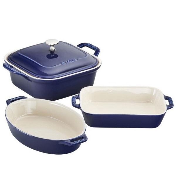 Dark Blue Staub Ceramic 4-pc Baking Pans Set, Casserole Dish with Lid, Brownie Pan