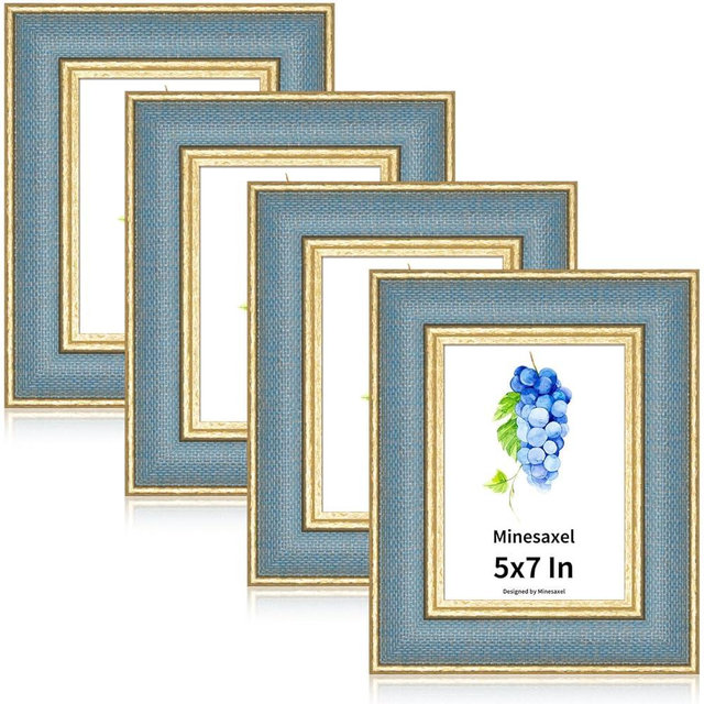 Minesaxel 5x7 Picture Frame - Sky Blue Fabric & Rustic Gold Border HD Real Glass with Easel for Tabletop/Wall (Family Photos, Coastal Decor 4 Pack)