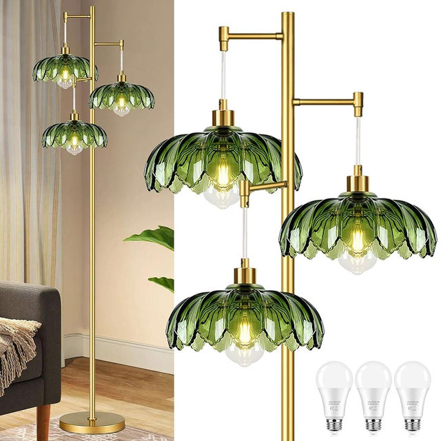 ZECOXOL Gold Floor Lamps for Living Room Bedroom-3 Light Glass Floor Lamp with Three Led Bulb,Mid Century Standing Lamp Vintage Brass Tall Lamp Tree Floor Lamp for Bedroom Corner