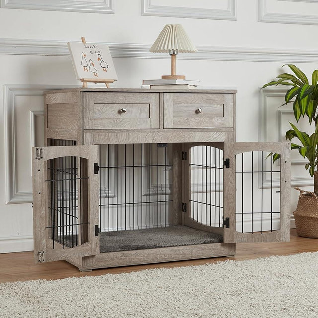 40'' Wooden Dog Crate Furniture, Farmhouse Dog Kennel Indoor Furniture Style Dogs Crate Table with 2 Drawers for Small, Medium & Large Dogs Grey