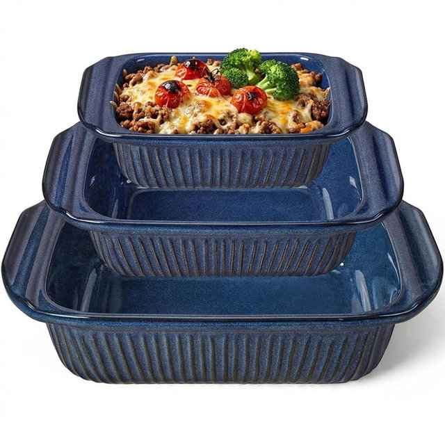 Artena Casserole Dishes For Oven, Ceramic Baking Dish, Large Lasagna Pan With Handles, Baking Pan Casserole Dish, Rectangular Bakeware Deep, Set Of 3 (5.1Qt/2.3Qt/1.1Qt) (Blue - Only Baking Dish)