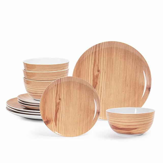 Wooden Pattern Ceramic Dinnerware Sets for 4, Kitchen Dinnerware Set, Plates and Bowls, Dishwasher, Microwave Safe, Get 2 sets to Service 8