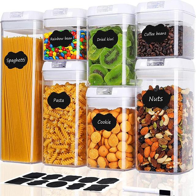 TIANGR Airtight Food Storage Containers - 7 PC Set - Kitchen Storage Containers With Lids - BPA Free - Labels & Marker - Easy Lock Airtight Design,For Kitchen Pantry Snacks,Pasta Storage - White Lid