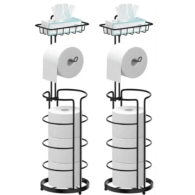DOMETOUR 2 Pack Toilet Paper Holder Stand with Shelf, Bathroom Freestanding Toilet Paper Stand Holds 4 Rolls, Tissue Paper Roll Dispenser