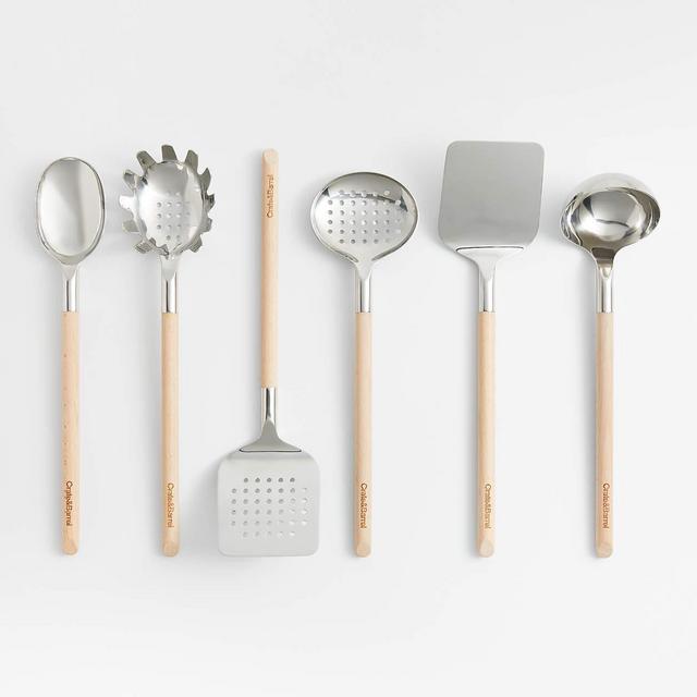 Crate & Barrel Beechwood and Stainless Steel Utensils, Set of 6