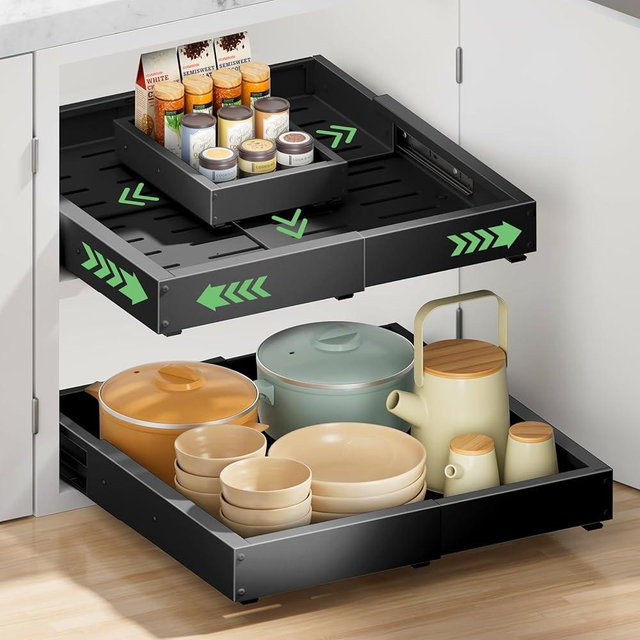 BUFOR 2 Pack Pull out Cabinet Organizer, Width (12"-19") Depth (17"-23"), with 3 Rails Adjustable Slide, Expandable Pullout Drawers for Cabinets, No Drill Adhesive Kitchen Drawers for Pantry Shelves
