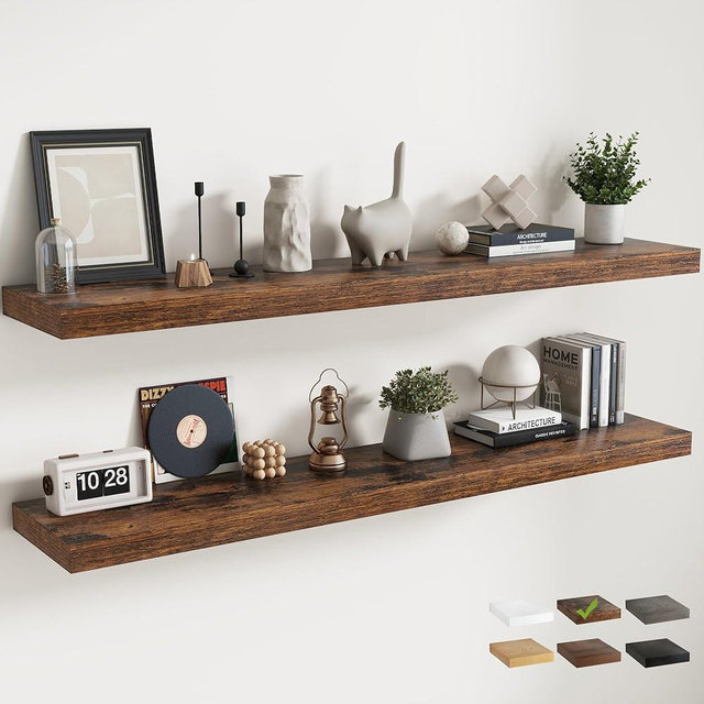 72 Inch Long Floating Shelves for Wall 2 Pack, 12"D Wood Grain Bathroom Shelves with Invisible Brackets, Easy Install Engineered Wood Storage Shelves for Kitchen, Living Room, Bedroom, Rustic Brown