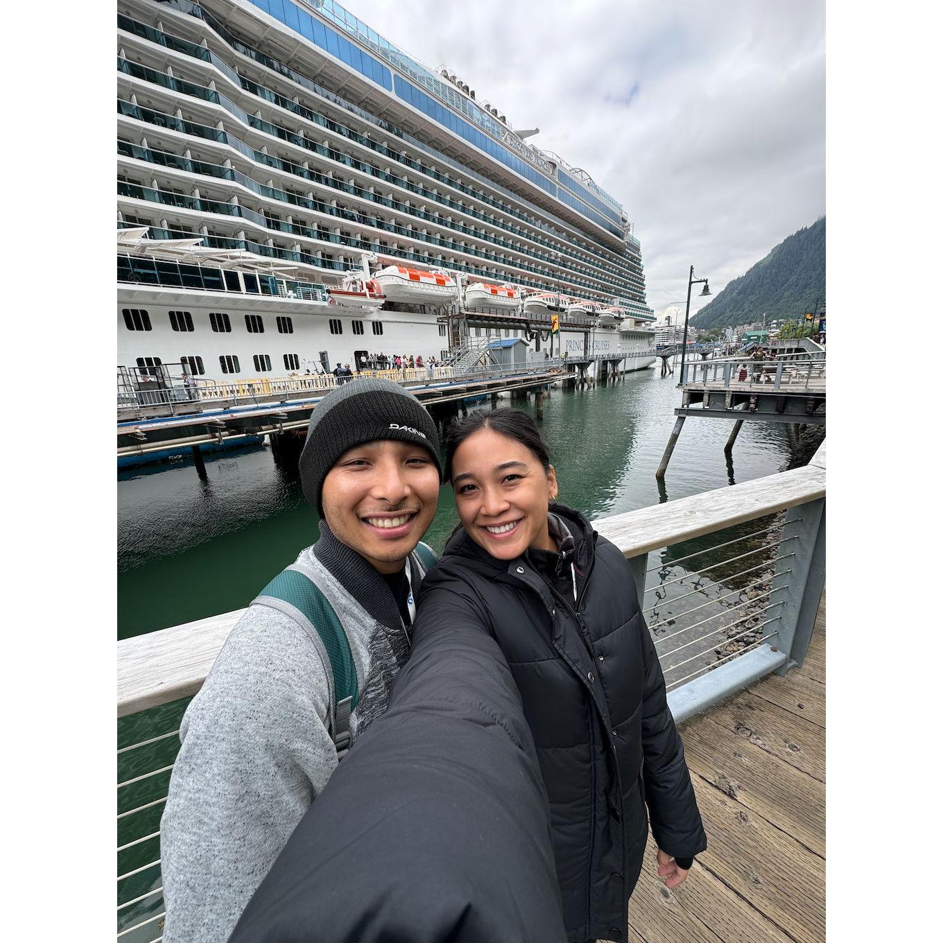 Quick selfie with their ship before they explore Juneau.