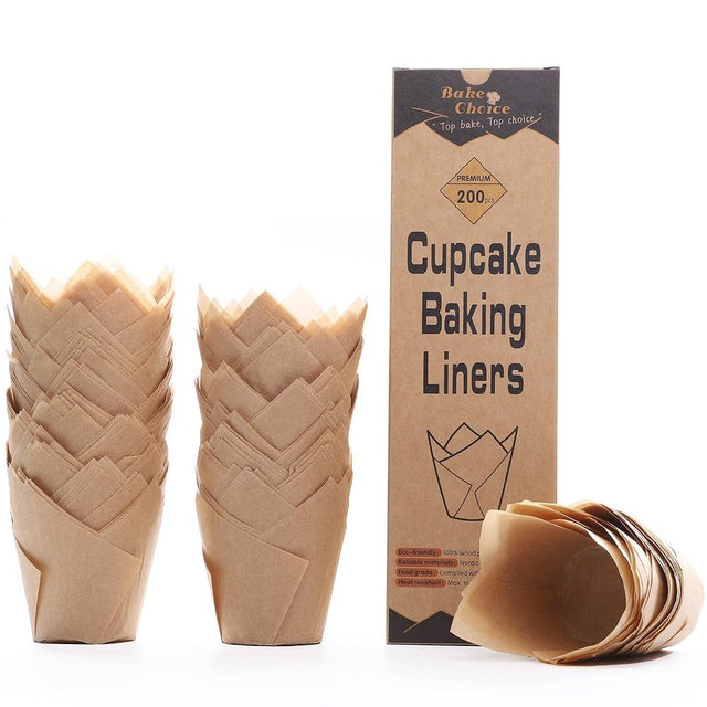 Bake Choice Nordic Paper 200pcs Natural Tulip Cupcake Liners for Baking Cups Unbleached EU Parchment paper Tulip Muffin Liners, Cupcake Wrapper for Party, Christmas