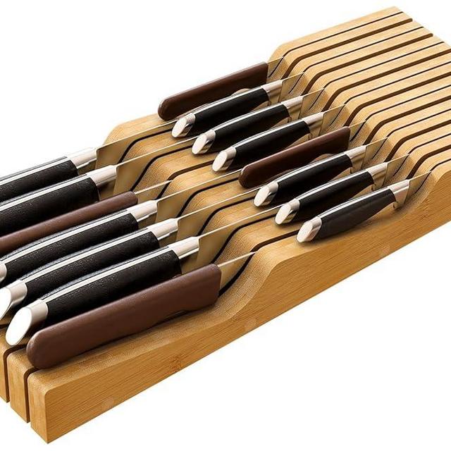 Large Knife Drawer Organizer Insert, Bamboo Wood Knife Holder, Knife Block Hold up To 15 Knives