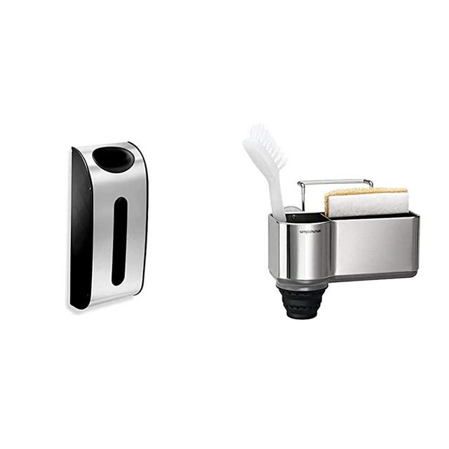simplehuman Wall Mount Grocery Bag Dispenser, Brushed Stainless Steel & Sink Caddy with Suction Cup, Brushed Stainless Steel