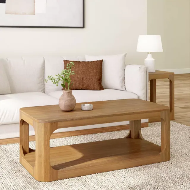 Plank+Beam Solid Wood 48" Modern Rectangular Coffee Table with Storage Shelf, Pecan