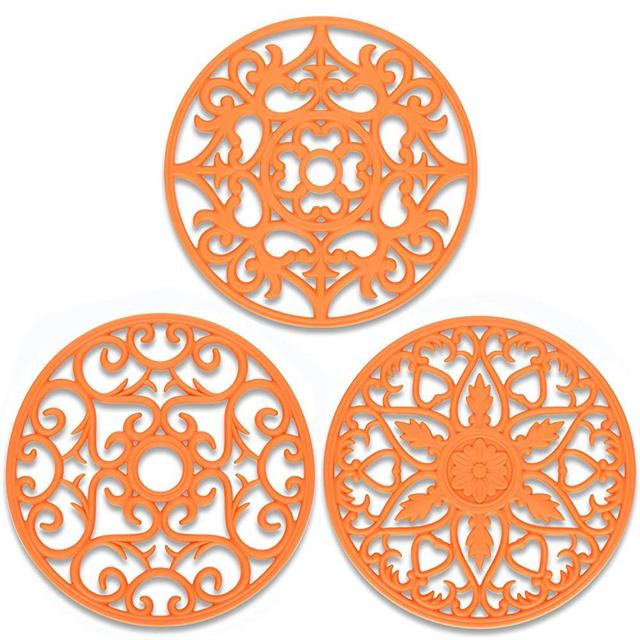 ME.FAN 3 Set Silicone Multi-Use Intricately Carved Trivet Mat - Insulated Flexible Durable Non Slip Coasters (Orange)