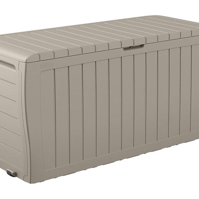 Keter Marvel Plus 71 Gallon Resin Outdoor Storage Box for Patio Furniture Cushions, Throw Pillows, Garden Tools and Pool Floats, Beige