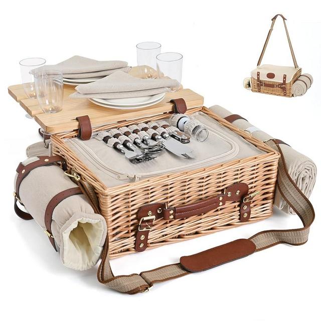 Mutifunctional Wicker Picnic Basket Set for 4 with Blanket and Picnic Table, Insulated Picnic Set with Full Tablewares for Camping Outdoor Couples,Natural