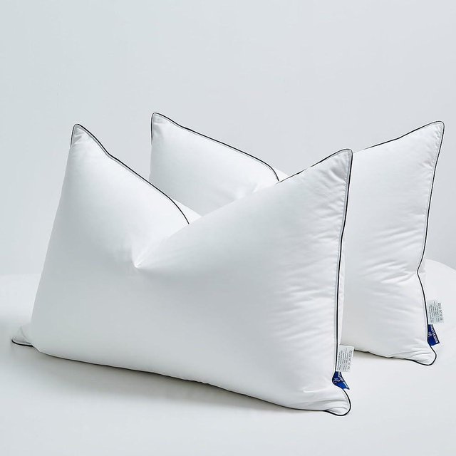 ROSE FEATHER Goose Down Pillows Queen Size Set of 2, 3-Chamber Cervical Neck Support Down Feather Pillow 100% Soft Cotton Cover Luxury Hotel Bed Goose Feather Pillows (Queen (Pack of 2))