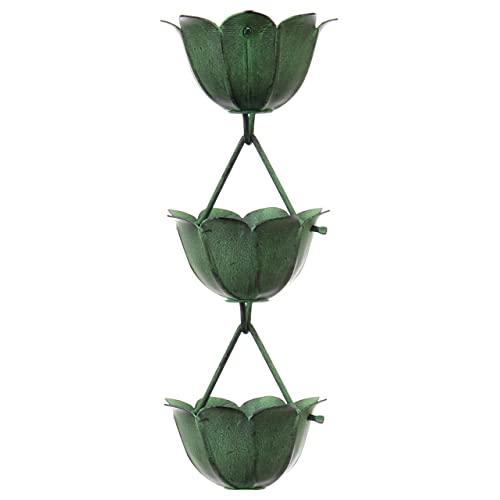 Monarch Rain Chains 18222 Aluminum Lotus Rain Chain, 8-1/2 Feet Length Pow, Cup Size: 4. 5" Diameter x 2. 25"(H) Cup Bottom Opening: 0. 75" 20 Cups, Green Patina Powder Coated