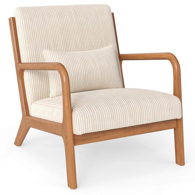 Costway 1 PCS Modern Accent Chair, Corduroy Upholstered Lounge Chair with Rubber Wood Armrests Beige + Brown