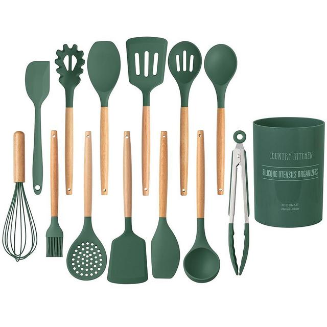Country Kitchen Non Stick Silicone Utensil Set with Rounded Wood Handles for Cooking and Baking, 14 Piece Set, Green