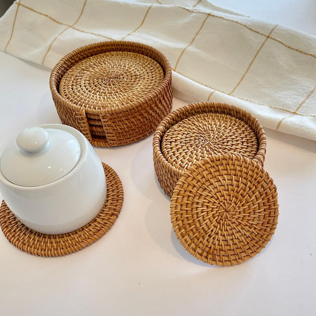 Drink Coasters Set of 6 with Holder 4 inch 5 inch Boho Coaster for Coffee Table Tea Mugs Placemat Modern Farmhouse Hand Woven Rattan Coaster