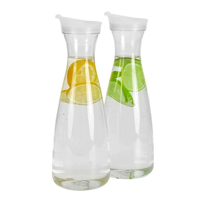 Jucoan 2 Pack 50 oz Plastic Carafe Water Pitcher, Clear Beverage Carafe with Flip Top Lid, Narrow Neck for Iced Tea, Powdered Juice, Cold Brew, Lemonade