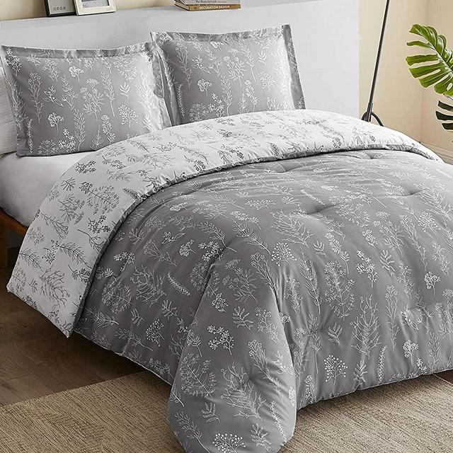 Bedsure Floral Comforter Set King Size Bed Grey & White, Flower and Plant Printed Reversible Botanical Comforter All Season Duvet Set, 3 Piece Bedding Set with 2 Pillow Shams