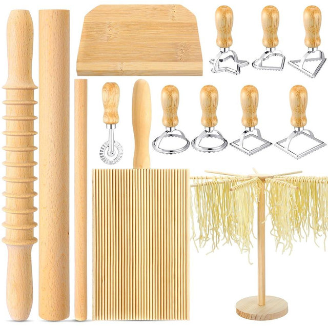 Suclain 14 Pcs Pasta Making Tool Set Includes Wooden Pasta Cutter Dough Scraper Rolling Pin Pasta Drying Rack Gnocchi Board Wood with Roller 8 Ravioli Stamp Maker Cutter for Kitchen Homemade Noodle