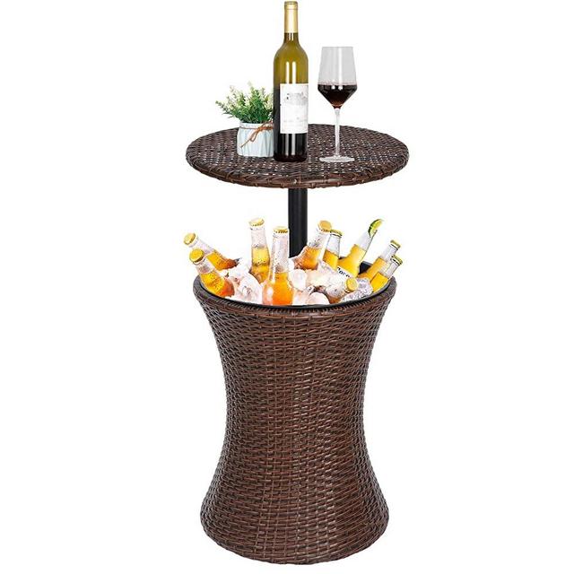 Nova Microdermabrasion Cool Bar Rattan Style Outdoor Patio Pool Cooler Table Adjustable Height with Ice Bucket, Brown