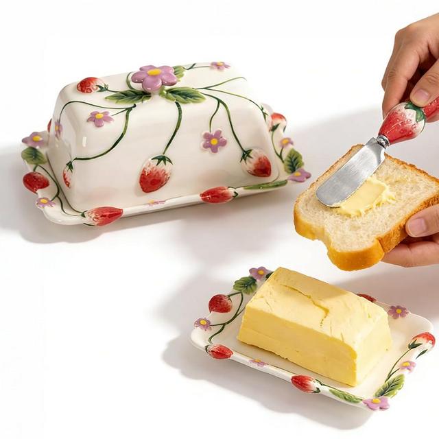 Strawberry Embossed Butter Dish with Lid - Ceramic Butter Keeper with Knife, Hand-Painted Underglaze Decoration, Oven-Safe, Dishwasher Safe, Gift for Mothers Day Thanksgiving Christmas