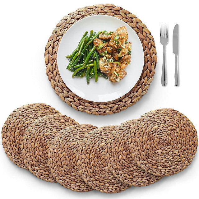 (Sizes: 12"-13"-14") BLUEWEST Woven Placemats, Brown Round Rattan Placemats Set of 6, Wicker Water Hyacinth Placemats, Braided Placemats, Heat Resistant/Anti-Slip for Dining Table (12" - Set of 6)