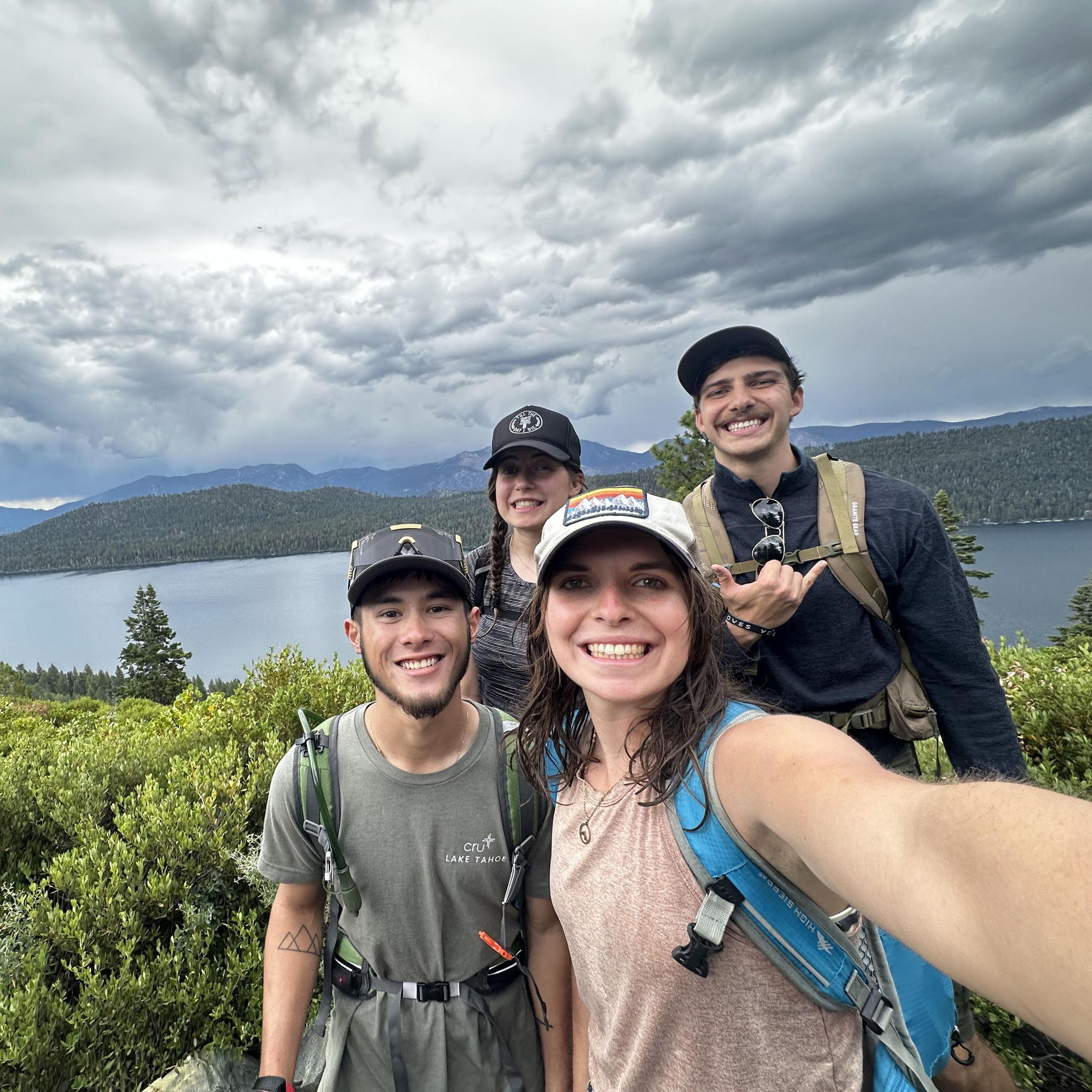 Max, Bree, Hunter and Natalie hiking down from Mt. Tallac post proposal