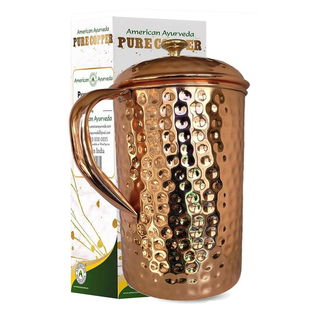 Half Gallon (2.2 L) Capacity Extra Large Hammered 100% Pure Copper Pitcher | Jug | Pure Copper Lid with Brass Knob included by American Ayurveda (CPR-HMD-½GAL-2.2L-JUG)