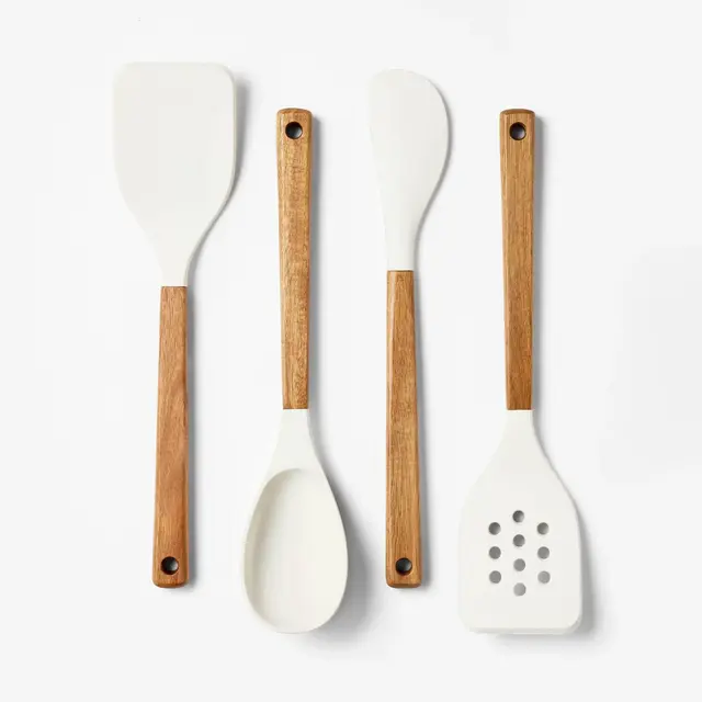 4pc Silicone Kitchen Utensil Set Natural Wood - Figmint™