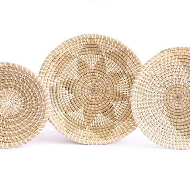 Boho Seagrass Wall Basket Decor. Set of 3 handmade woven fruit baskets for wall hanging