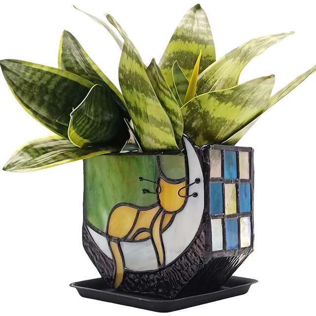 Entlityful Tiffany Stained Glass Fun Moon Sleeping Cat Planter，Orange Sleeping Cat Cactus Planter，Cute Planters for Indoor Plants,Decorative Flower Pots As Gifts for Cat Lovers，4.6x3x5.15 in