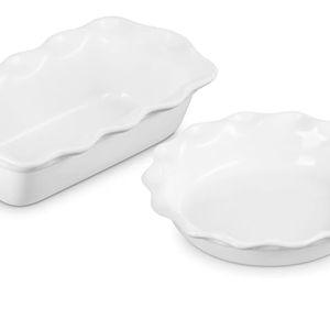 Le Creuset Stoneware Set of 2 9" Heritage Fluted Pie and 9" Fluted Loaf Dish, White