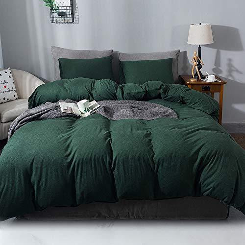 Sincethen Jersey Knit Cotton Duvet Cover King Size Dark Green Set 3 Pieces with Zipper Closure and Corner Ties, Soft Solid Color Bedding Set (1 Duvet Cover + 2 Pillowcases), 104x90 inches.
