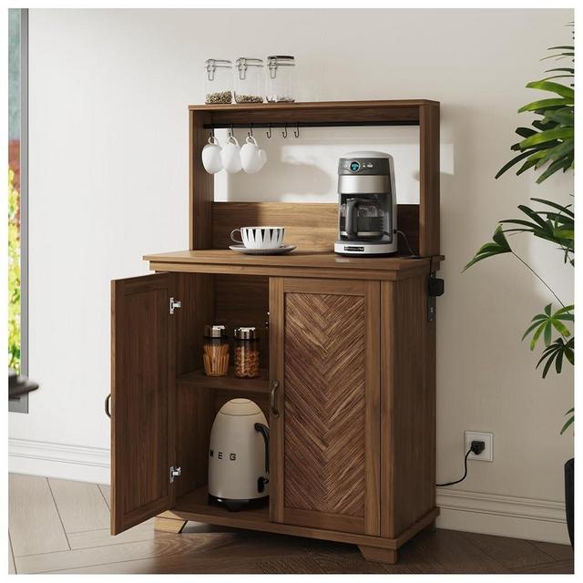 funitydg Farmhouse Coffee Bar Cabinet with Storage,Kitchen Cabinet with Hutch & Charging Station, Sideboard Buffet Cabinets,50 Inch Coffee Station/w 6 Hooks & Adjustable Shelf for Living Dining Room