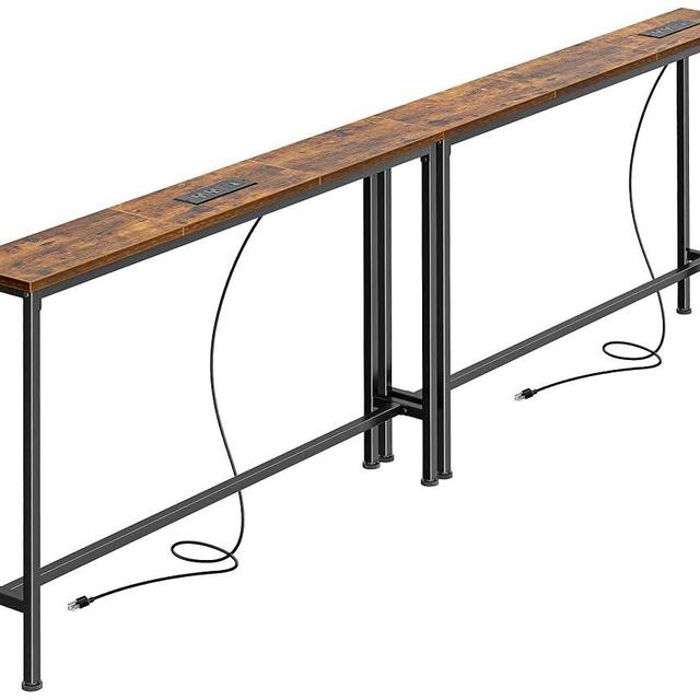 SUPERJARE 5.9 Inch Narrow Console Table with Outlet, Sofa Table Set of 2, Total Length 78.8'', Behind Couch Table, Long Entryway Tables with Charging Station, for Living Room, Rusitc Brown