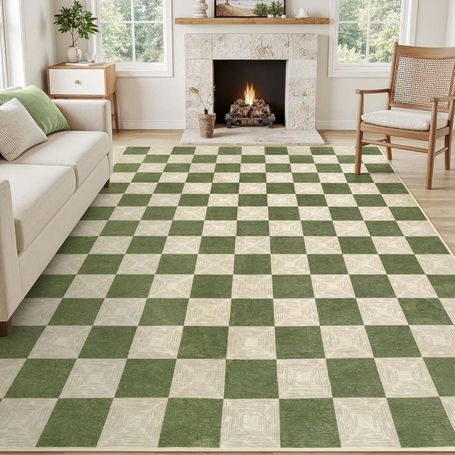 Kiginara Washable Green Checkered Rug 8x10, Non-Slip Low Pile Area Rug for Living Room, Bedroom, Nursery, Modern Neutral Farmhouse Checkerboard Carpet, Pet & Kid Friendly