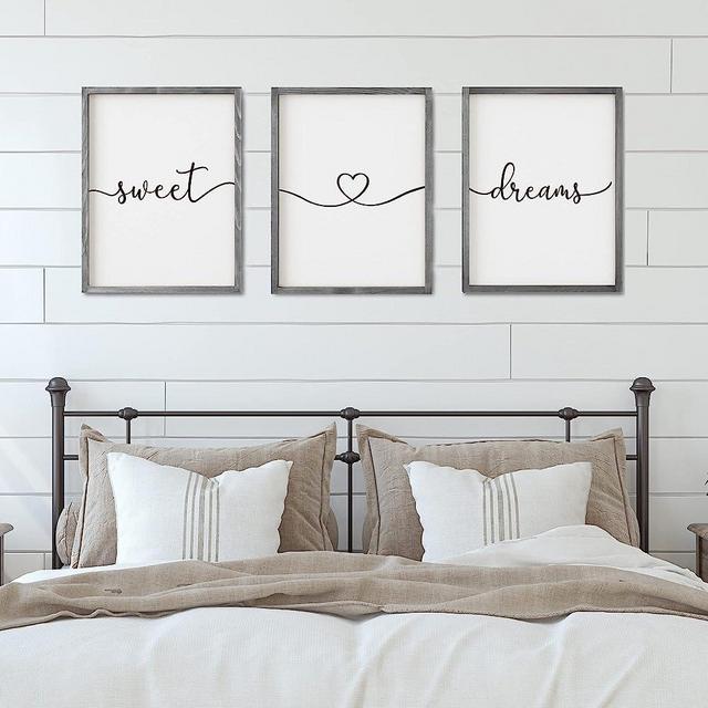 Set of 3 Framed Farmhouse Sweet Dreams Sign 11x14” Above Bed Wall Decor for Bedroom Decor Wall Art Wood Signs (11"x14", Gray)