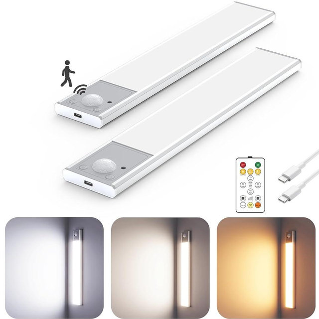 8" Ultra-Thin Under Cabinet Lighting Wireless, Aluminum Alloy Under Counter Lights for Kitchen, 3-Color-Temps Magnetic Closet Lights, Rechargeable Motion Sensor Light Indoor (2 Pack, Silver)