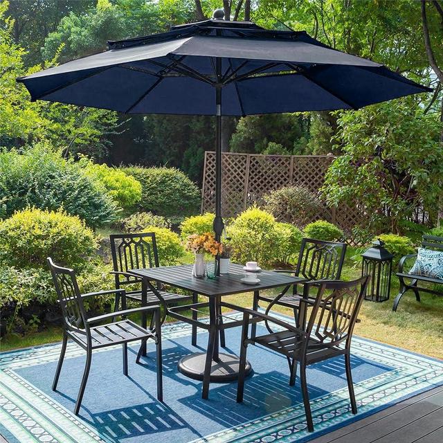 PHI VILLA Patio Dining Set 5 pcs with Umbrella(Navy Blue),1 Square Metal Table& 4 Metal Outdoor Stackable Chairs and 1 10ft 3 Tier Auto-tilt Umbrella (Base Not Included)